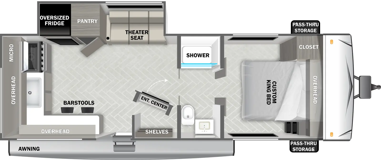 The Evo Southwest T2230 floorplan has one entry and one slide out. Exterior features include: metal exterior and 16' awning. Interiors features include: rear kitchen, front bedroom and pass through bathroom.